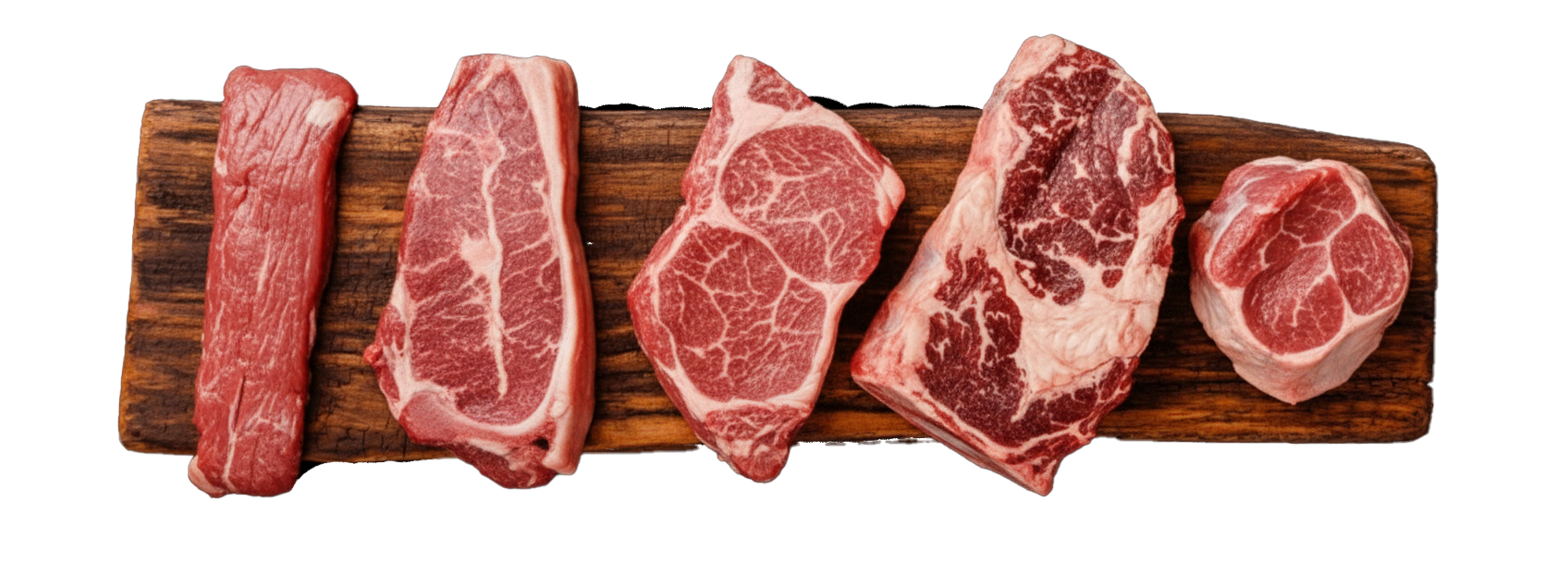 5 beautiful cuts of beef including sirloin, fillet, ribeye and black angus.
